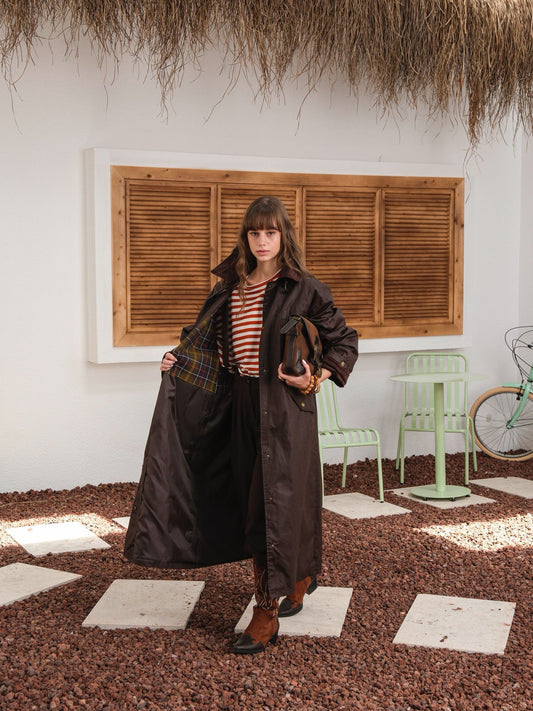 Kahverengi Mumlu Gabardin Ekose Astarlı Uzun Parka