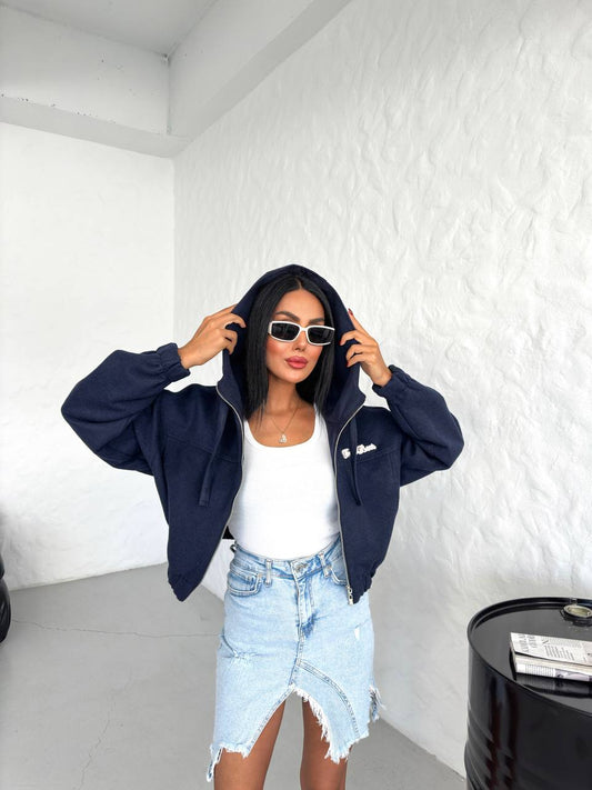 Lacivert Kaşe Kapüşonlu Bomber Ceket