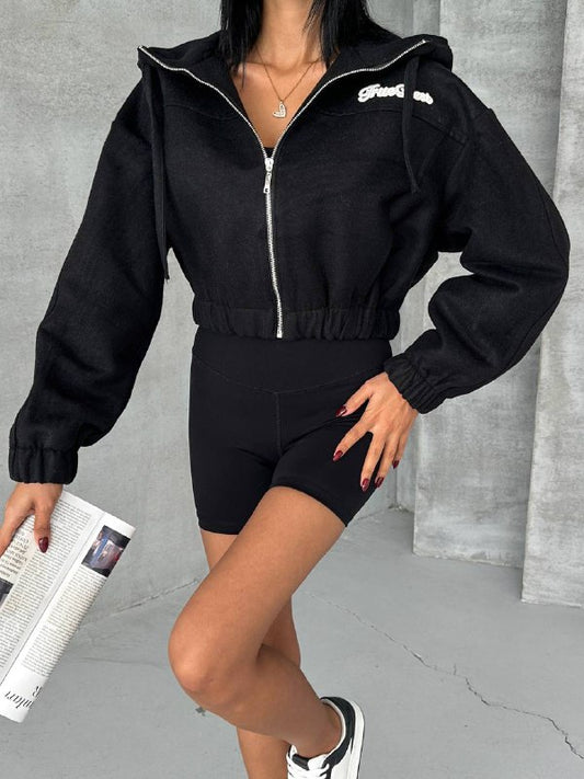 Siyah Kaşe Kapüşonlu Bomber Ceket