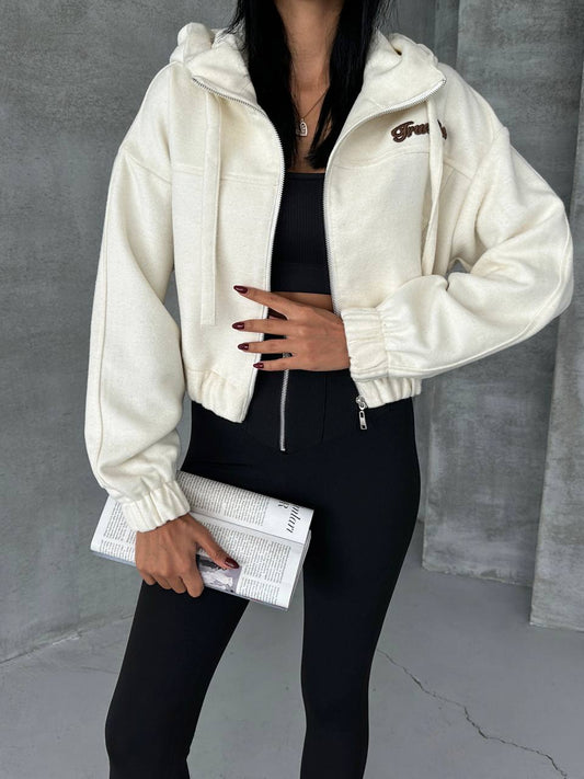 Beyaz Kaşe Kapüşonlu Bomber Ceket