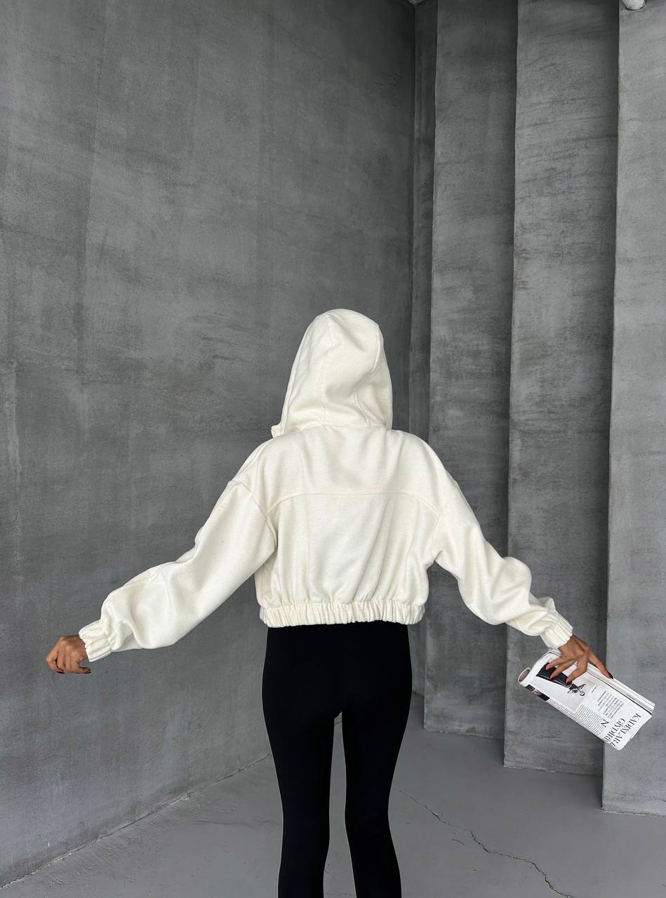Beyaz Kaşe Kapüşonlu Bomber Ceket