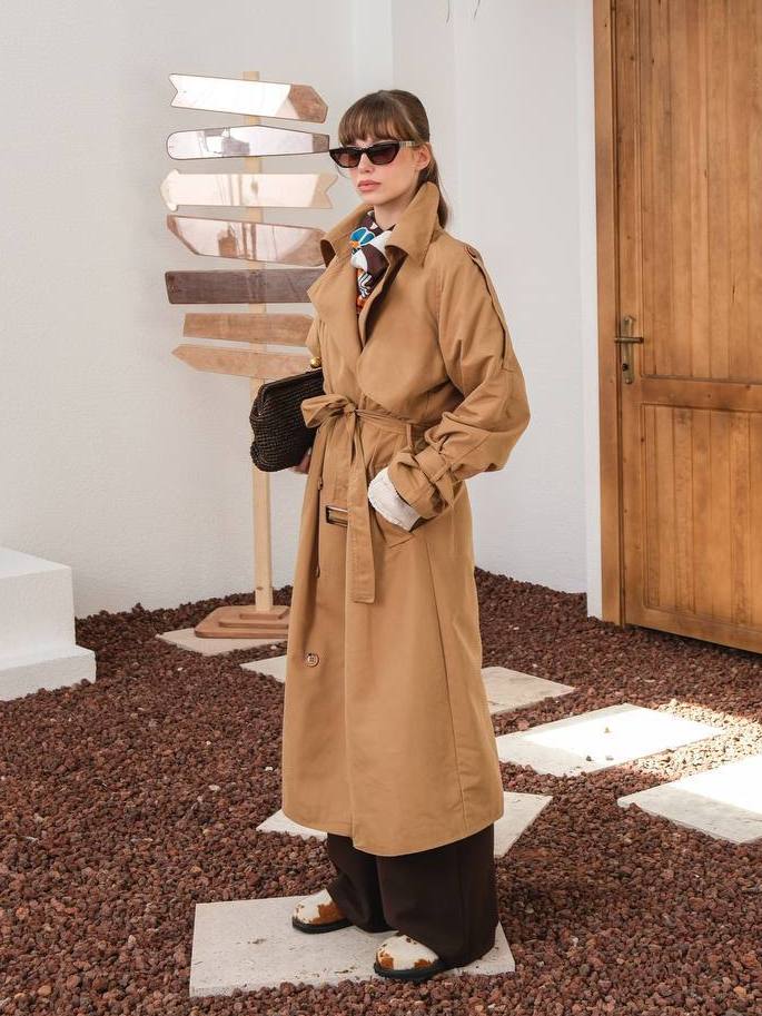 Bej Kruvaze Yaka Astarlı Uzun Trençkot