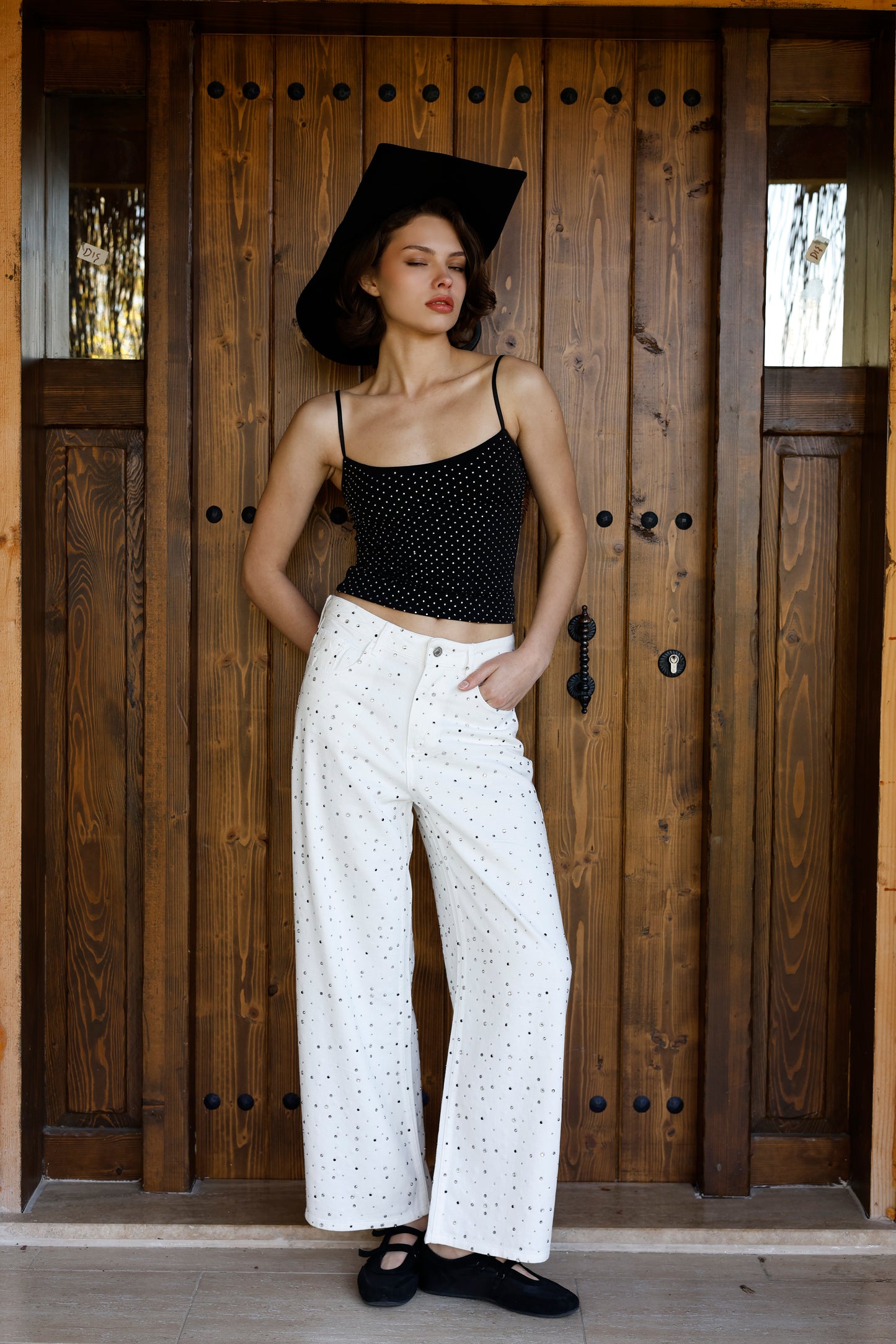 Taşlı Wide-Leg Jean Pantolon