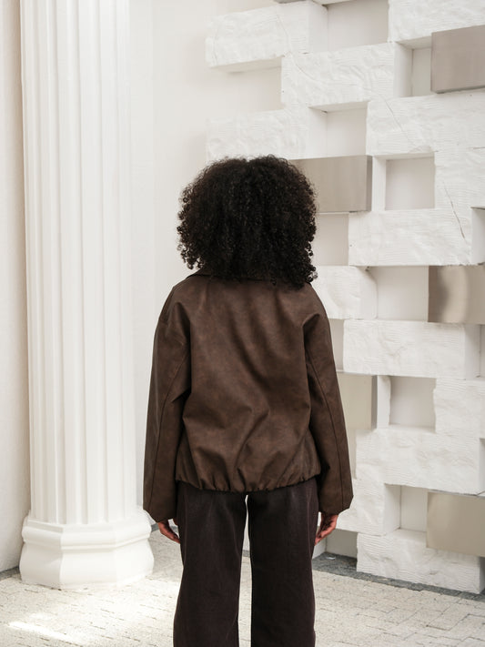 Kahverengi Bomber Fermuarlı Deri Ceket