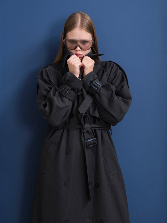 Premium Oversize Astarlı Uzun Antrasit Trençkot