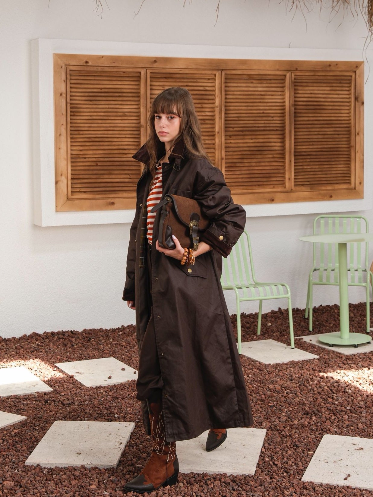 Kahverengi Mumlu Gabardin Ekose Astarlı Uzun Parka