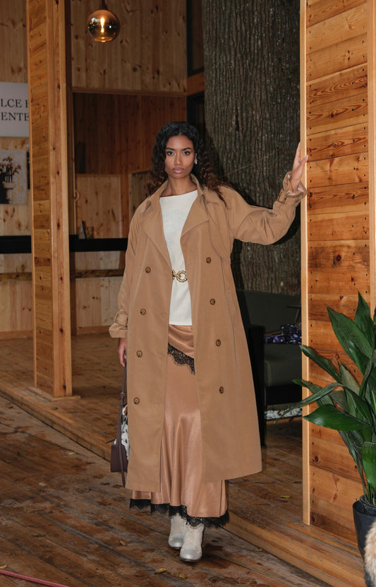 Bej Kruvaze Yaka Astarlı Uzun Trençkot