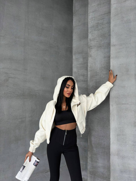 Beyaz Kaşe Kapüşonlu Bomber Ceket