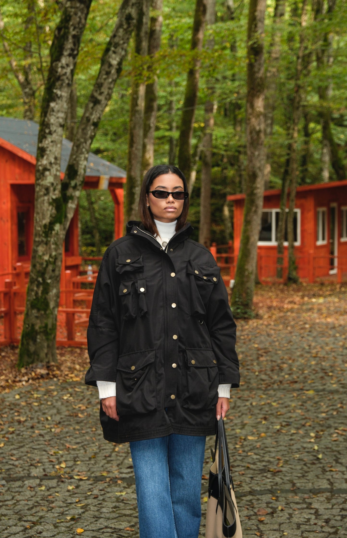 Oversize Safari Cepli Siyah Trençkot