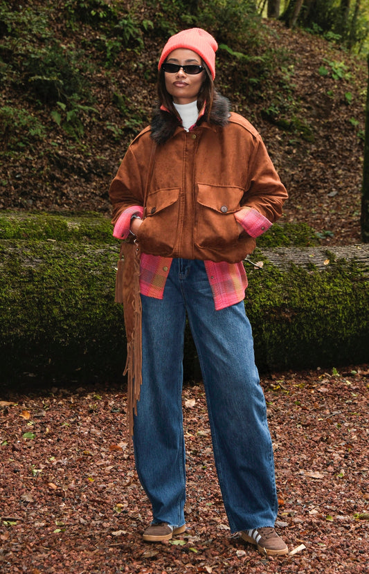 Taba Süet Kürk Yakalı Bomber Ceket