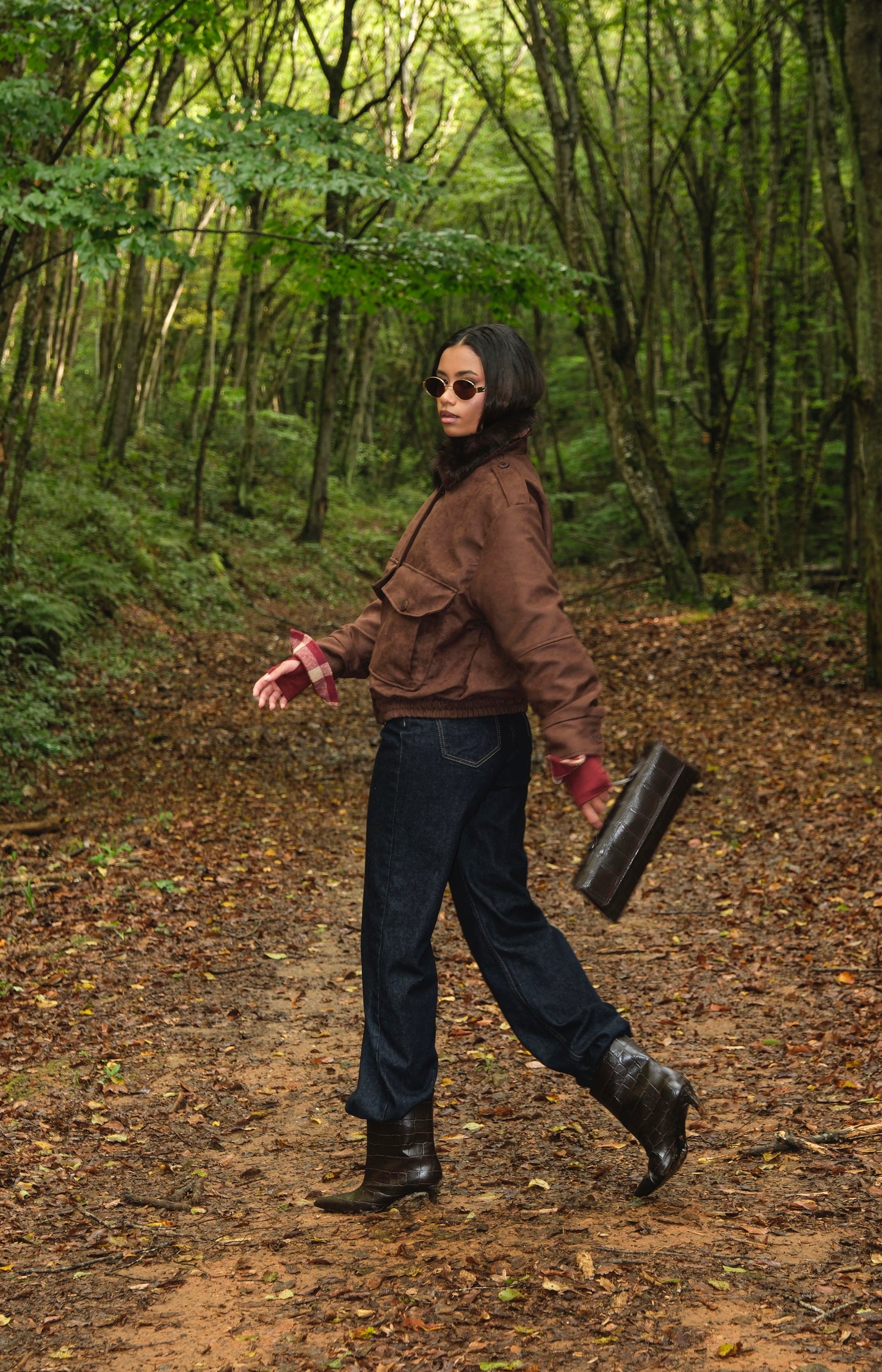 Kahverengi Süet Kürk Yakalı Bomber Ceket