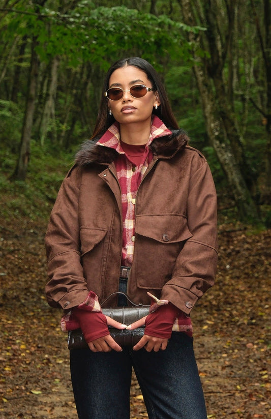 Kahverengi Süet Kürk Yakalı Bomber Ceket