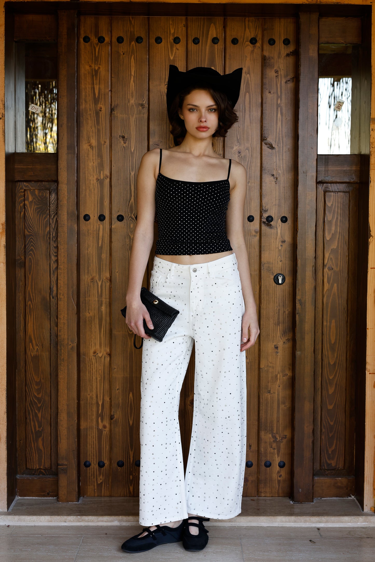 Taşlı Wide-Leg Jean Pantolon