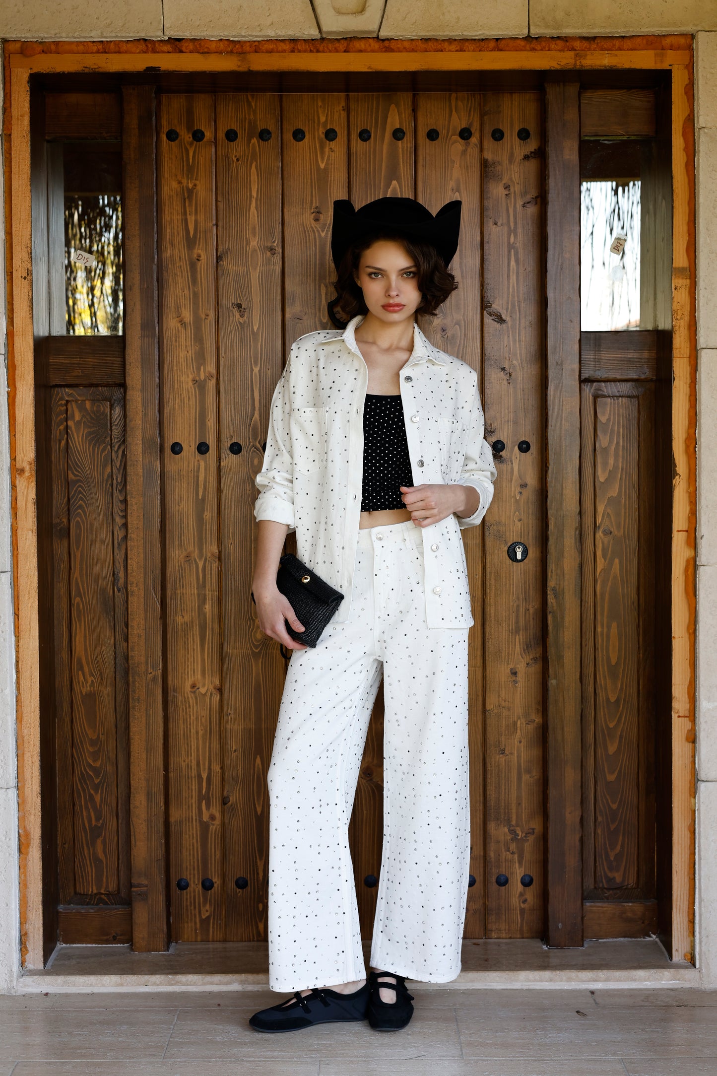Taşlı Wide-Leg Jean Pantolon