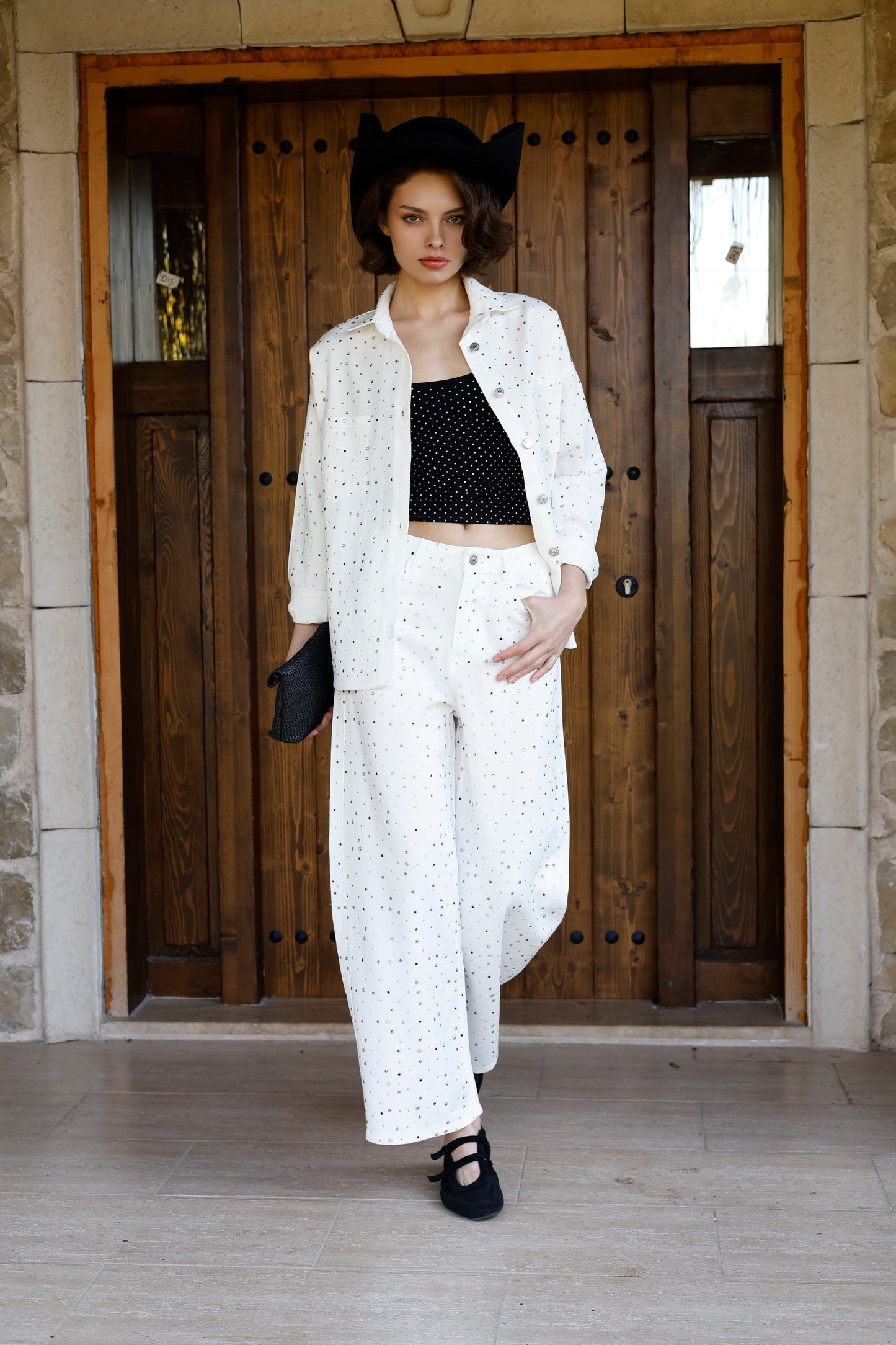 Taşlı Wide-Leg Jean Pantolon