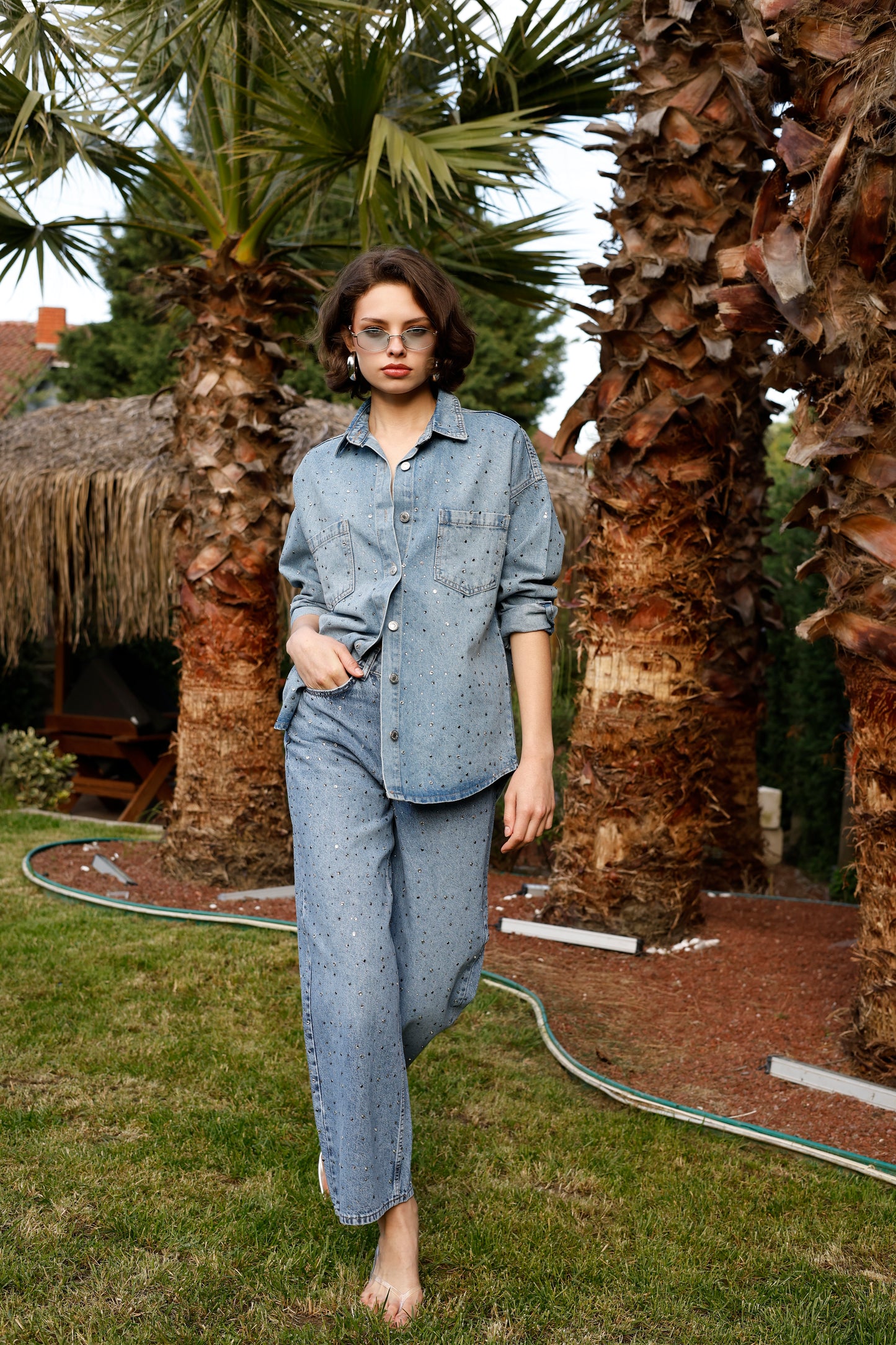 Taşlı Wide-Leg Jean Pantolon