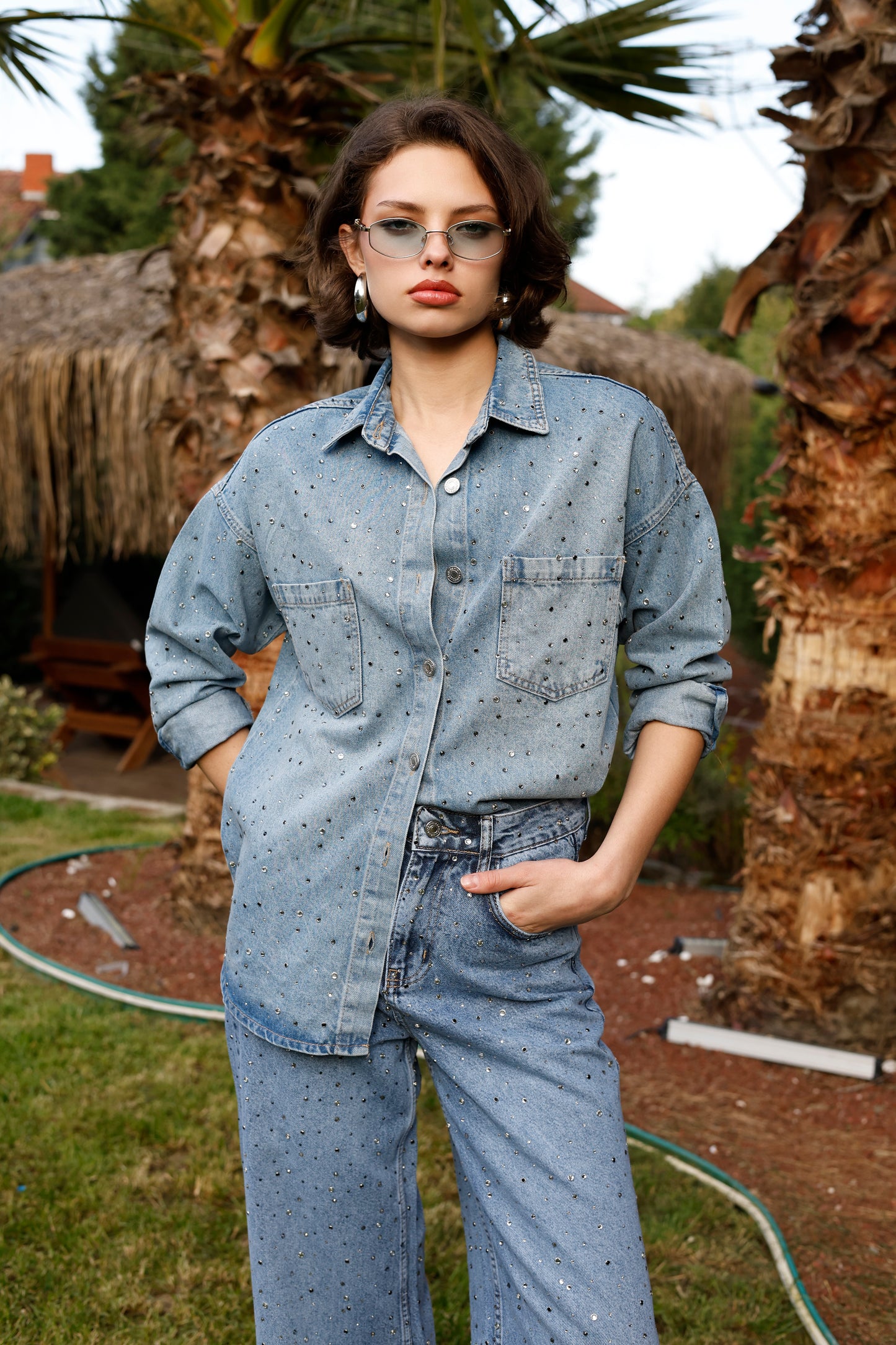 Taşlı Oversize Jean Gömlek