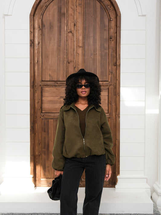 Haki Bomber Fermuarlı Süet Ceket