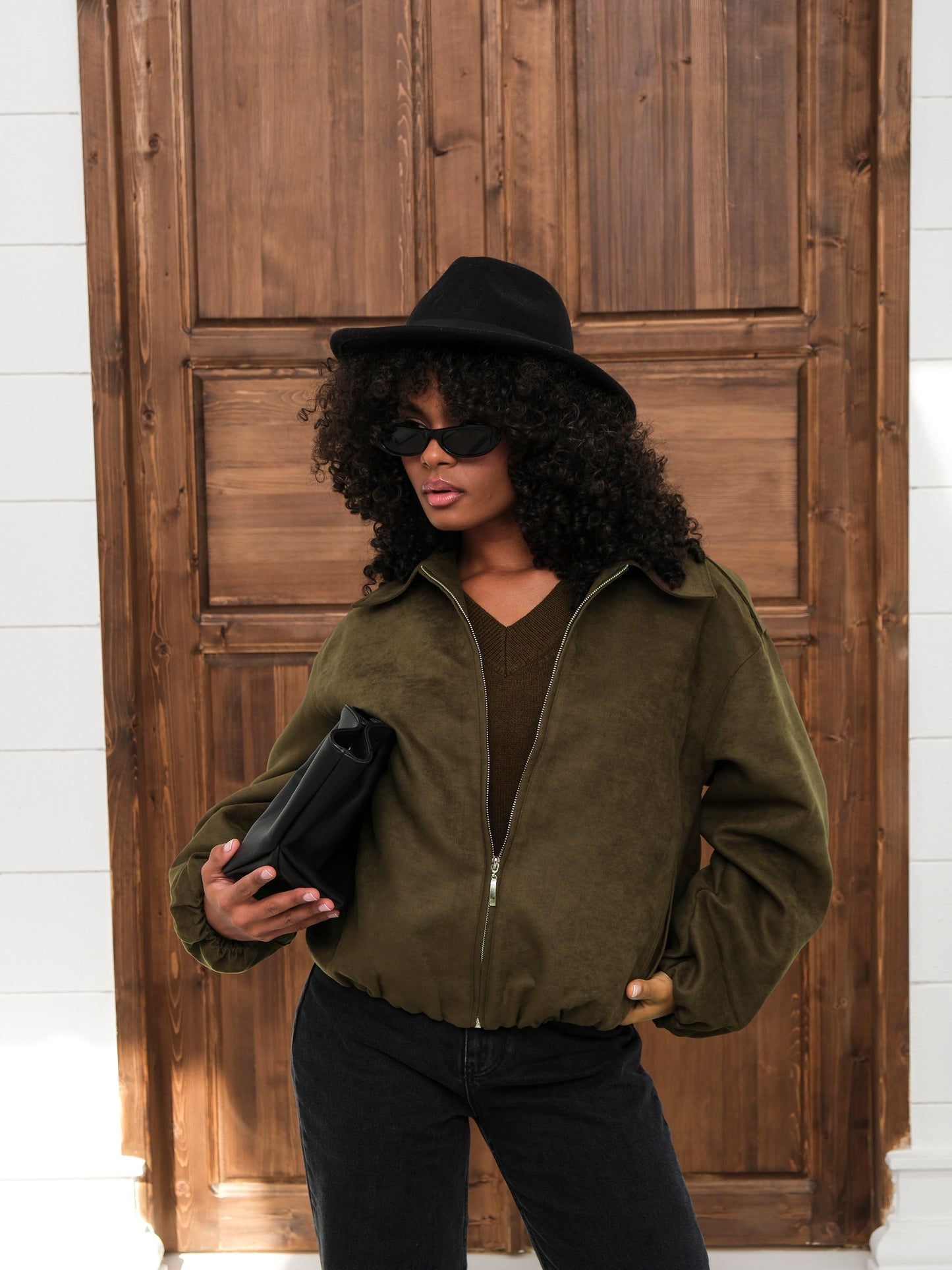 Haki Bomber Fermuarlı Süet Ceket