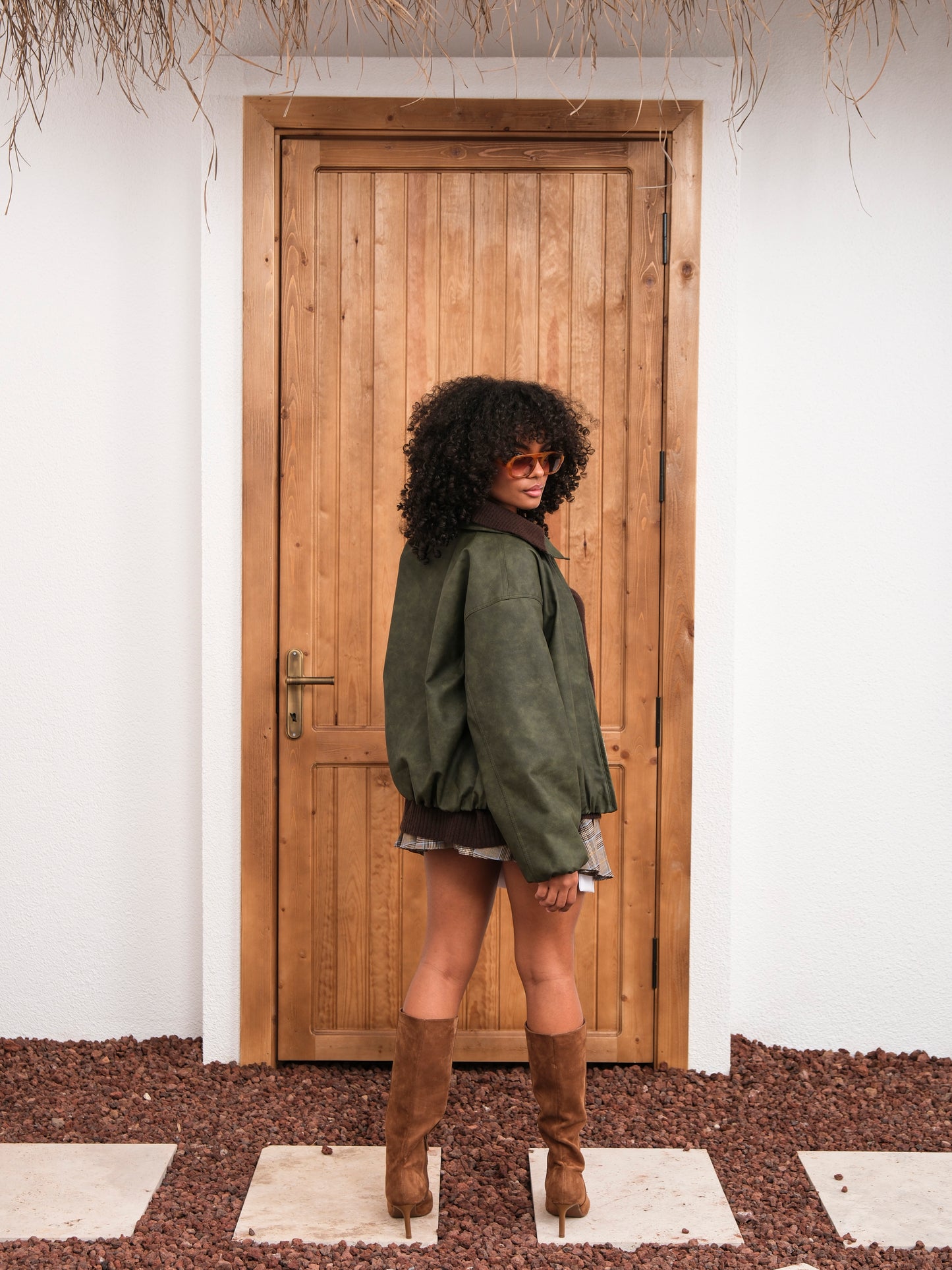 Haki Bomber Fermuarlı Deri Ceket