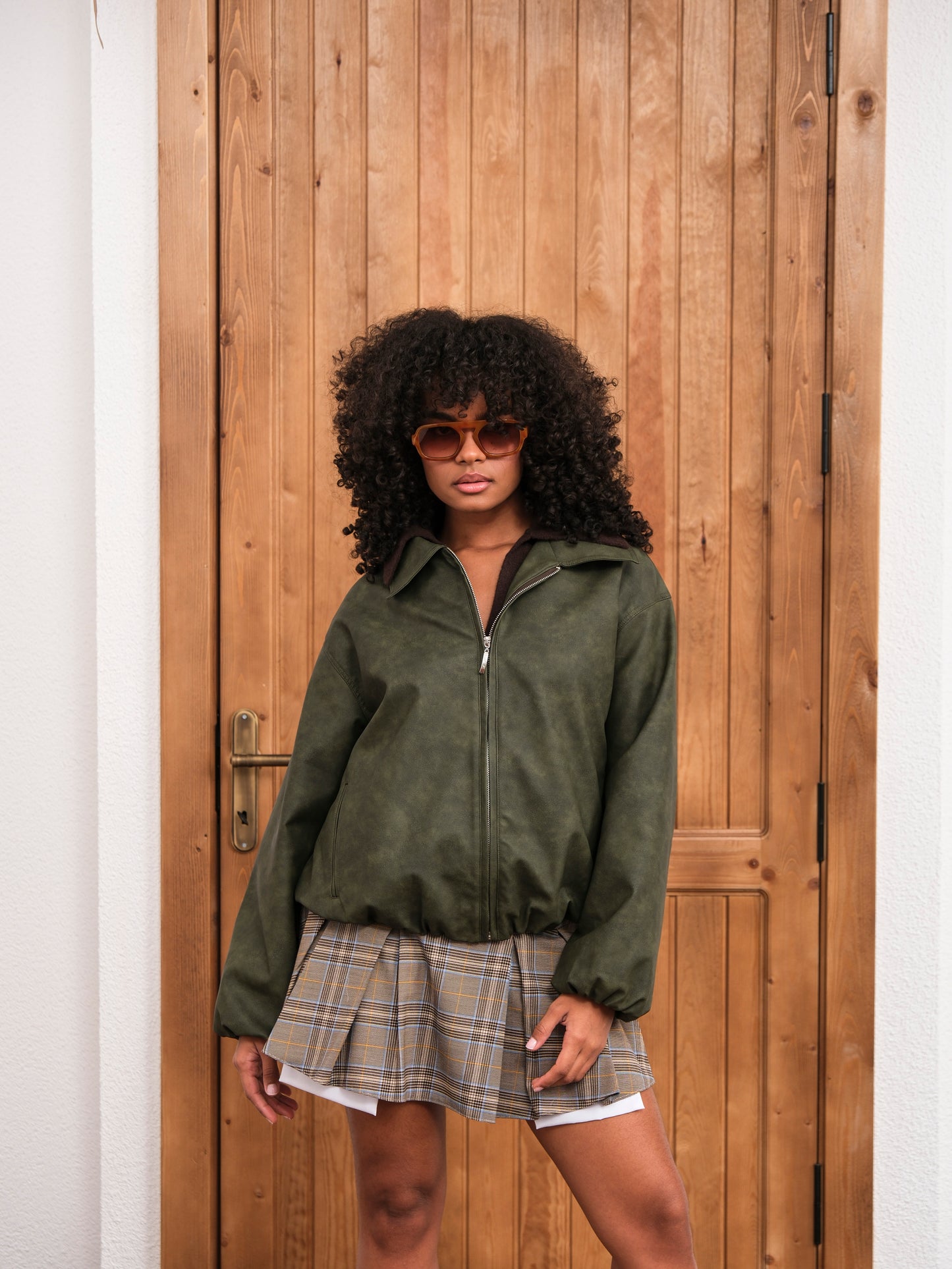 Haki Bomber Fermuarlı Deri Ceket