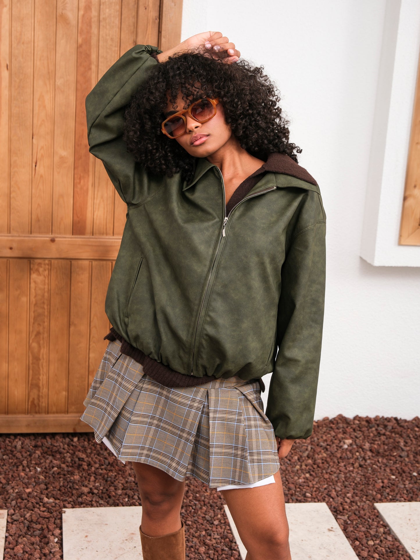 Haki Bomber Fermuarlı Deri Ceket