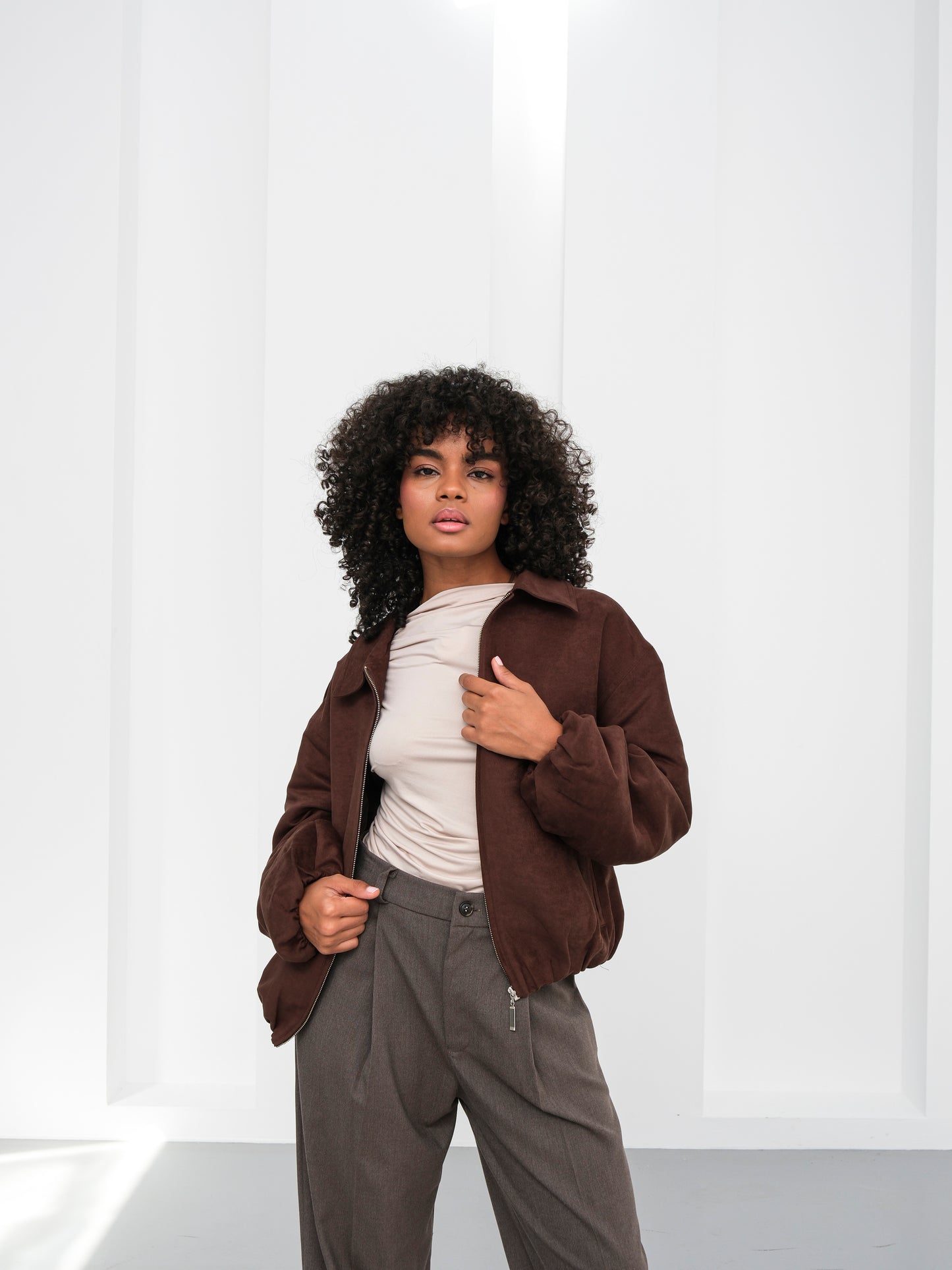 Kahverengi Bomber Fermuarlı Süet Ceket