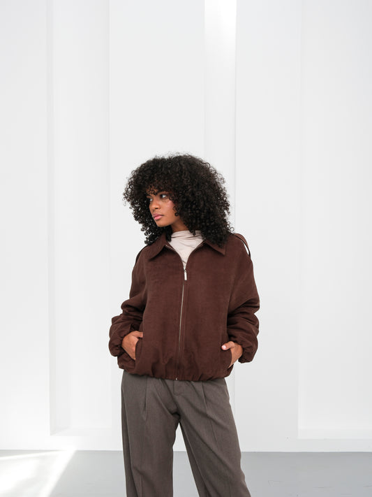 Kahverengi Bomber Fermuarlı Süet Ceket