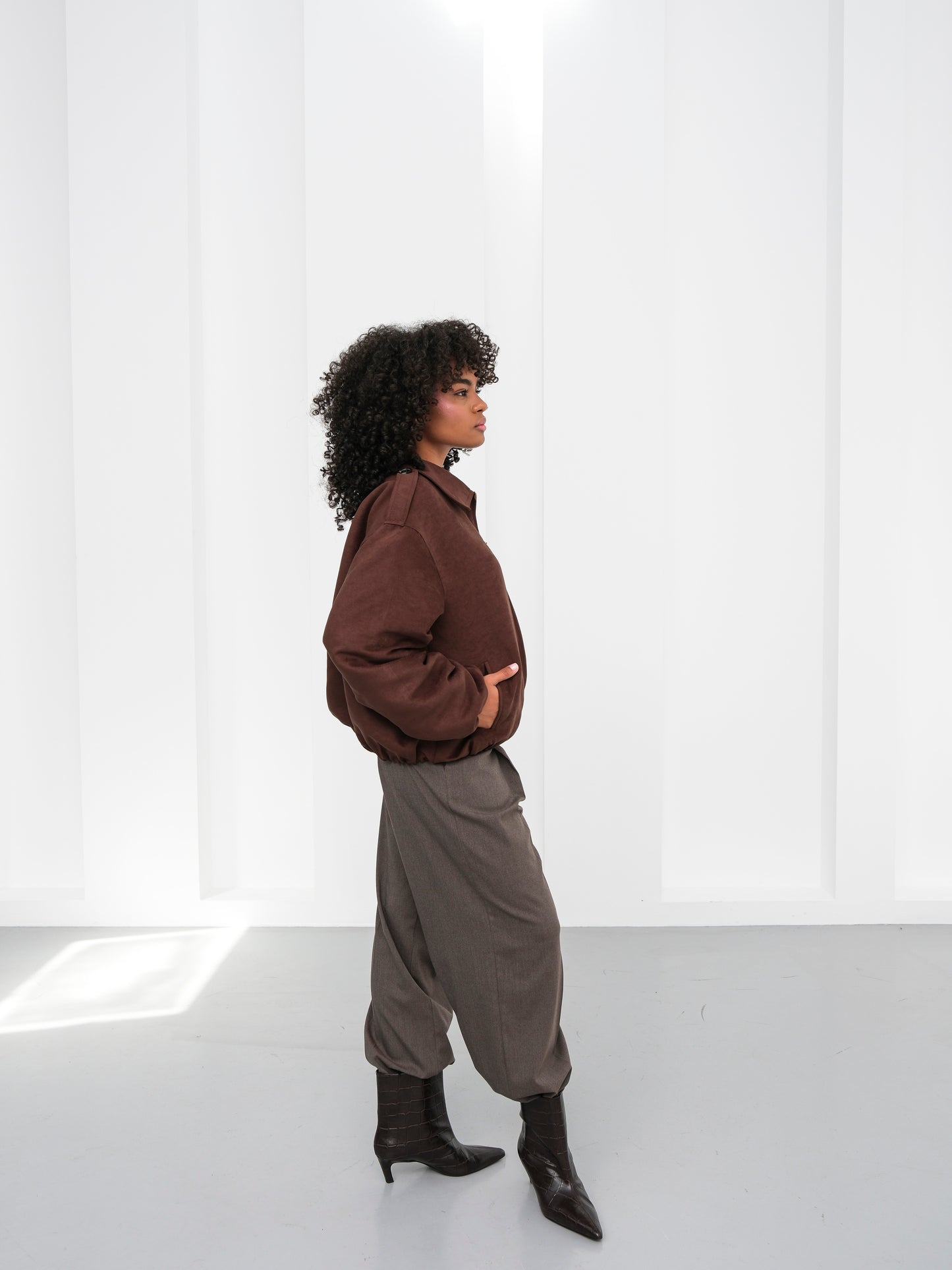 Kahverengi Bomber Fermuarlı Süet Ceket