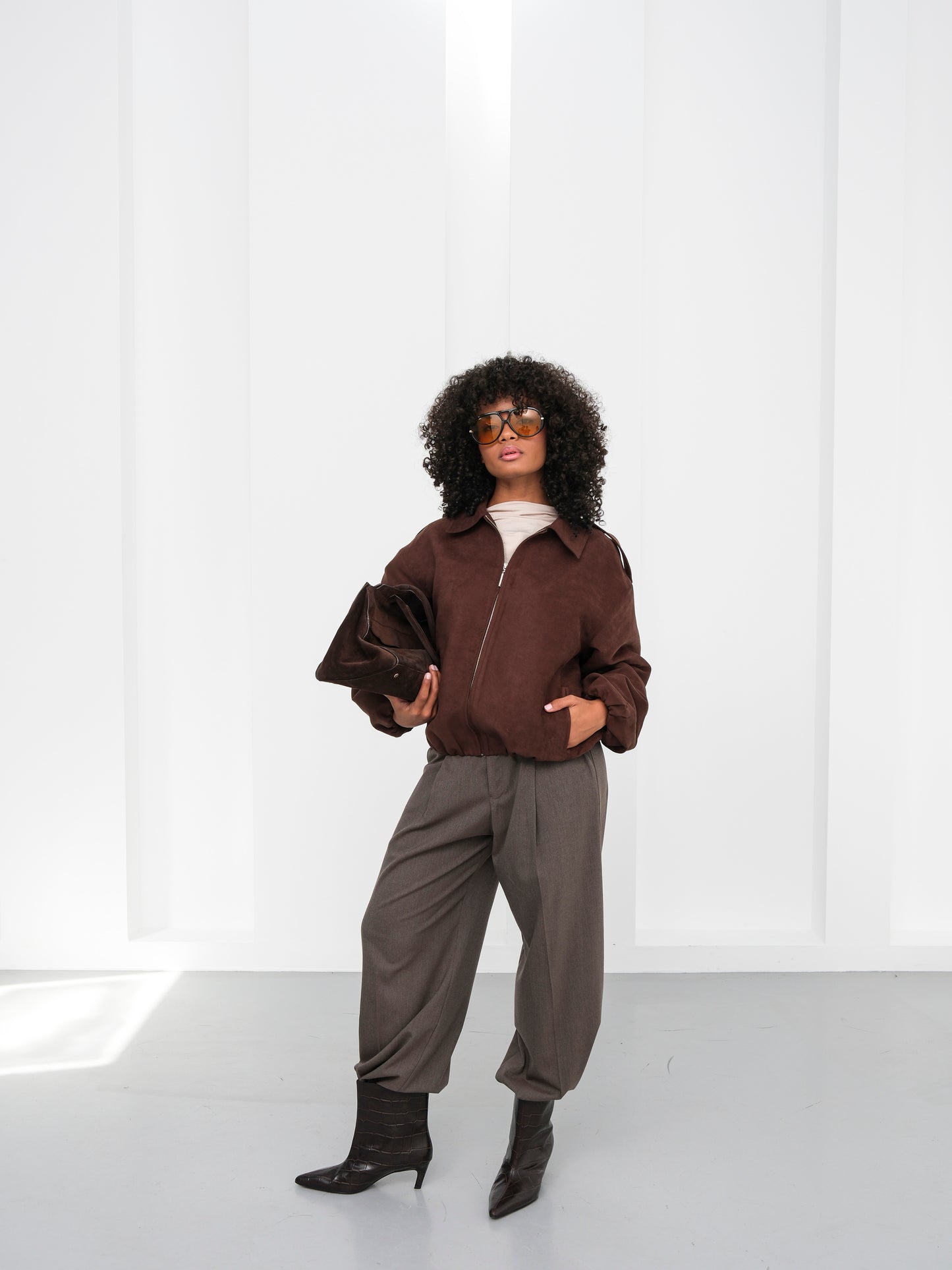 Kahverengi Bomber Fermuarlı Süet Ceket