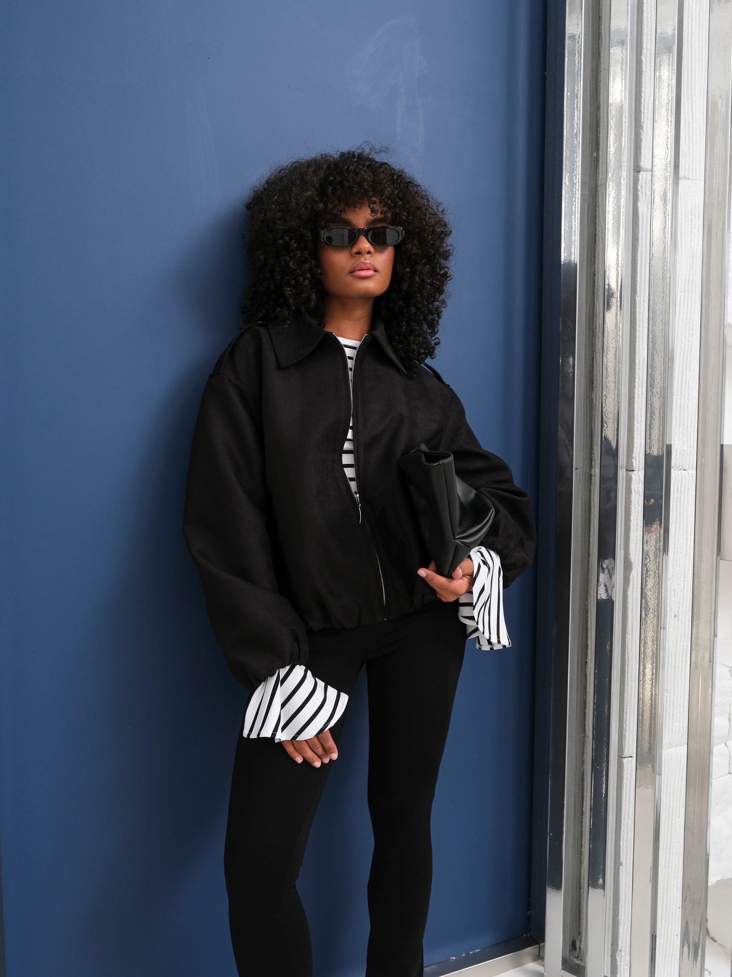 Siyah Bomber Fermuarlı Süet Ceket