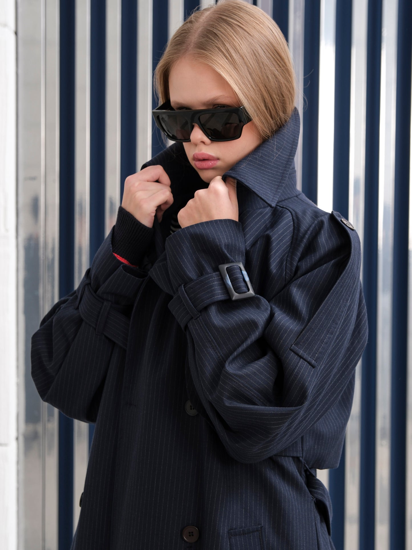 Premium Oversize Astarlı Uzun Lacivert Trençkot