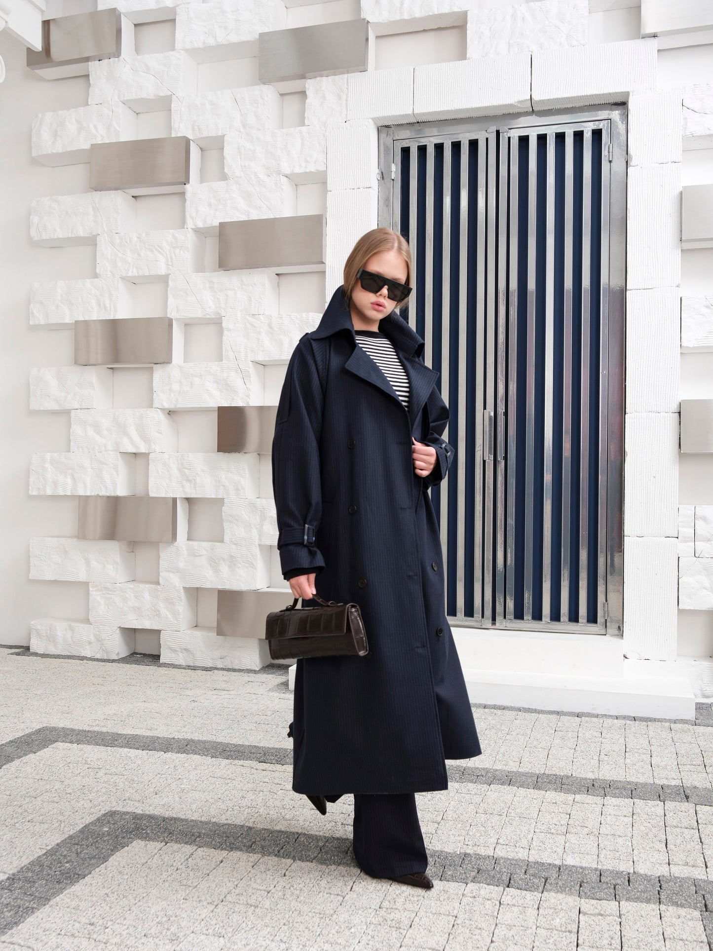 Premium Oversize Astarlı Uzun Lacivert Trençkot