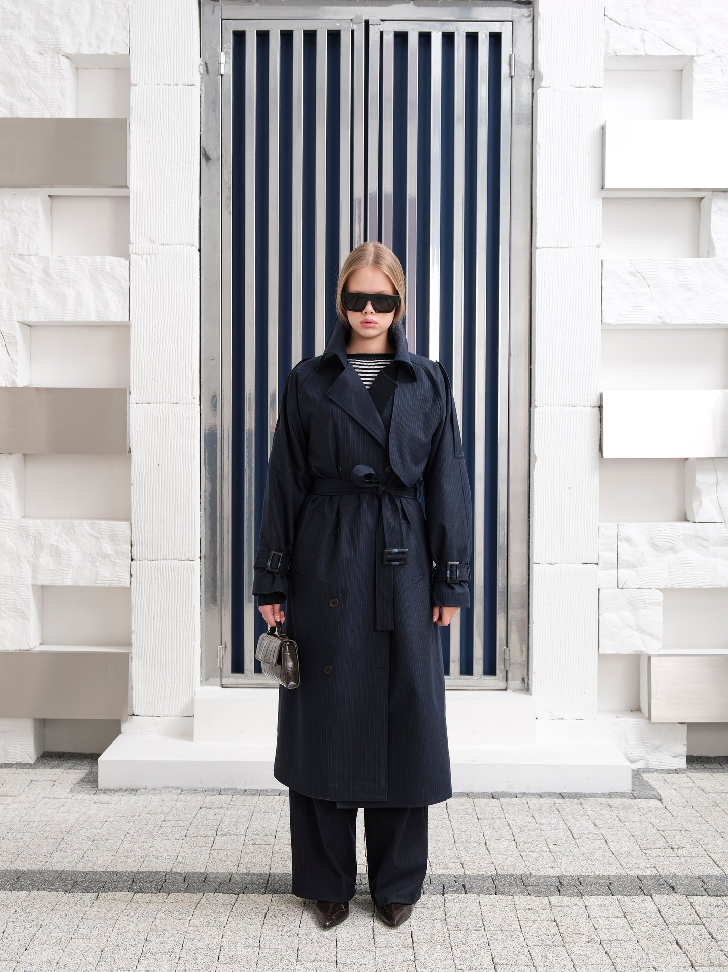 Premium Oversize Astarlı Uzun Lacivert Trençkot