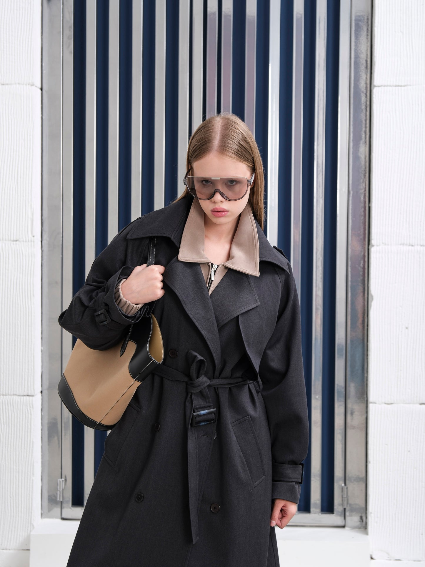 Premium Oversize Astarlı Uzun Antrasit Trençkot