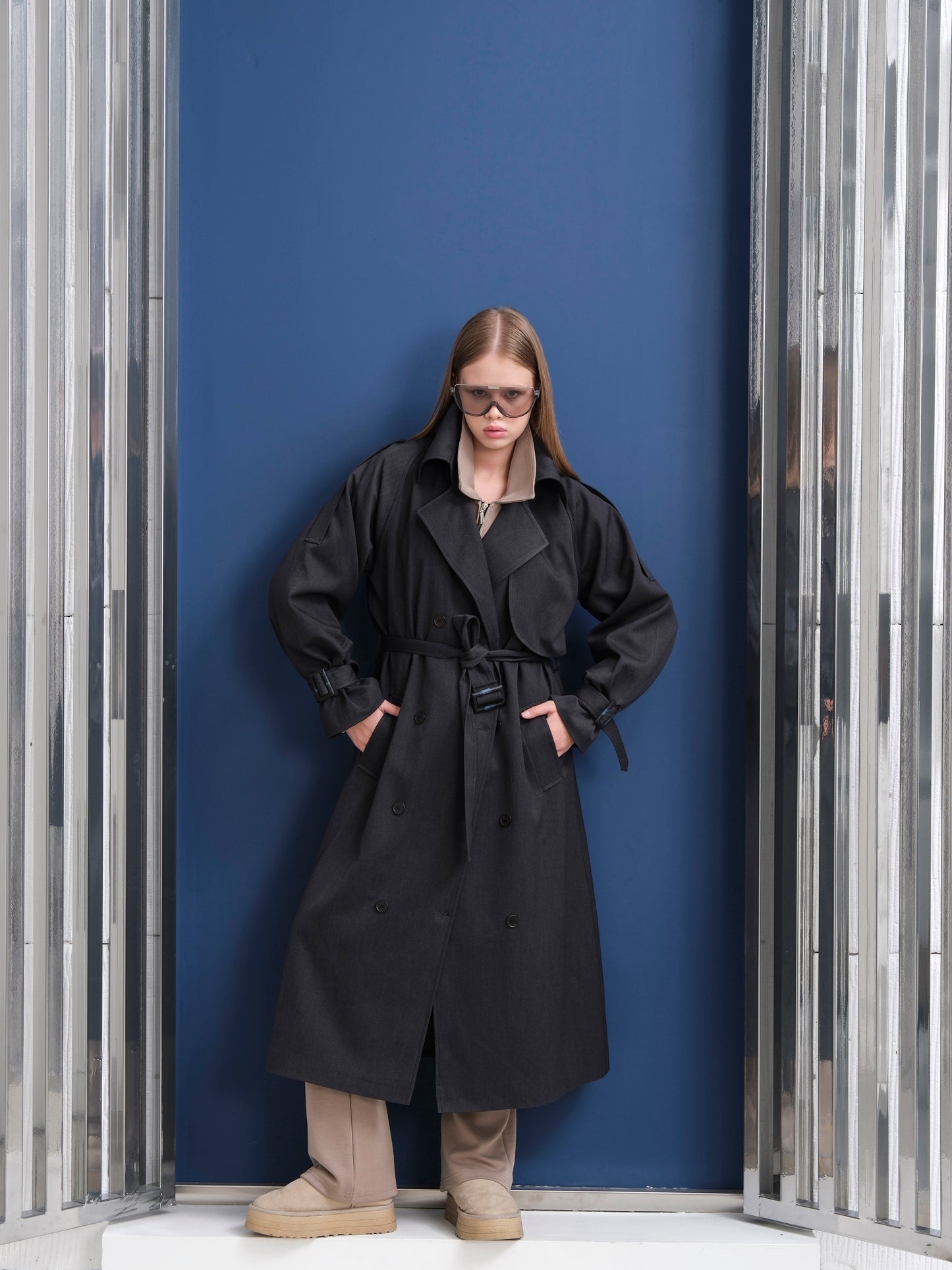 Premium Oversize Astarlı Uzun Antrasit Trençkot