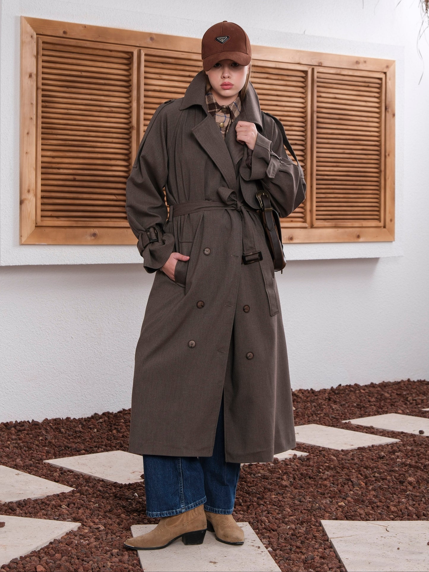 Premium Oversize Astarlı Uzun Vizon Trençkot