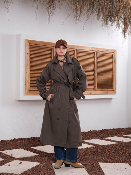 Premium Oversize Astarlı Uzun Vizon Trençkot