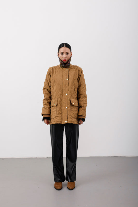 Unisex Oversize Kapitone Kadife Yaka Camel Mont