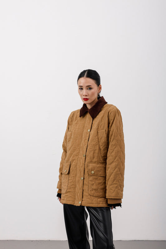Unisex Oversize Kapitone Kadife Yaka Camel Mont