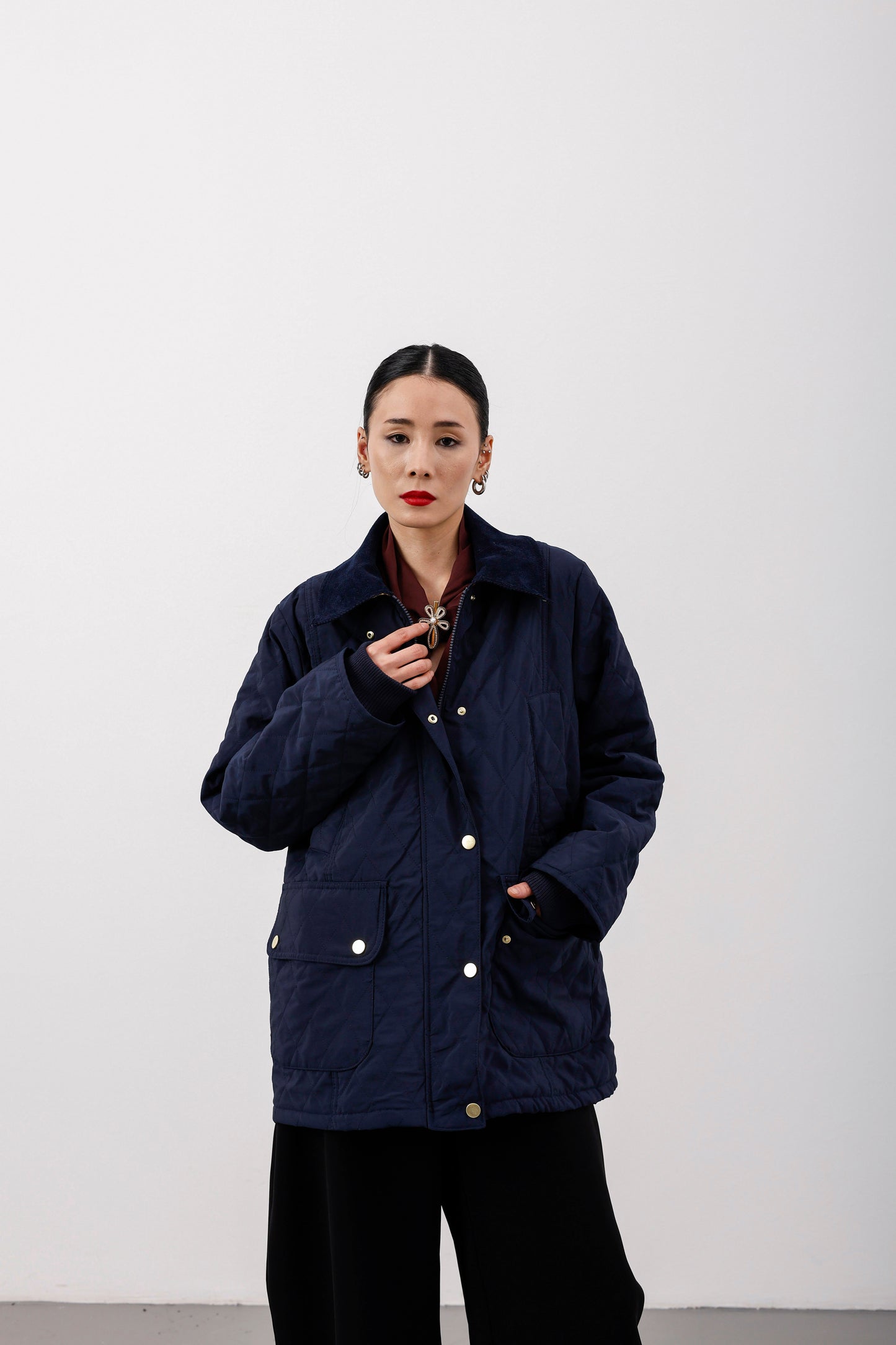 Oversize Kapitone Kadife Yaka Mont